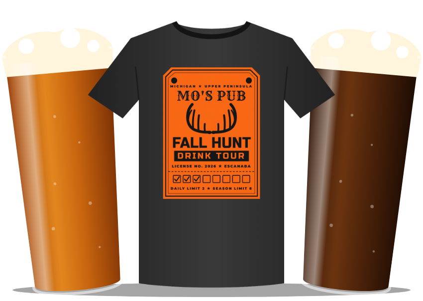 Fall Hunt Drink Tour blaze orange back tag shirt between an Octoberfest and a brown ale