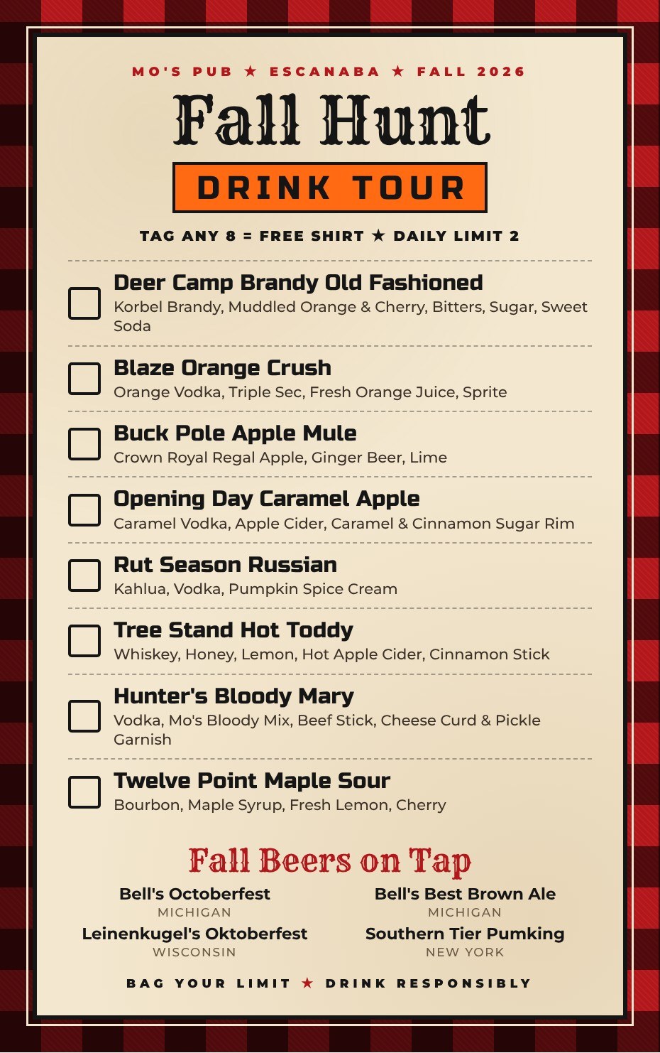 Fall Hunt Drink Tour menu: eight fall cocktails and four fall beers