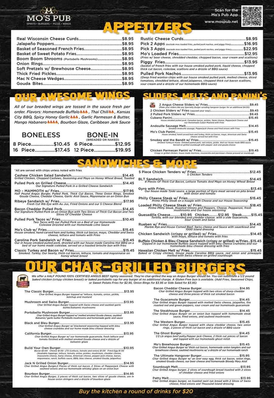 Mo's Pub September 2024 menu page 1